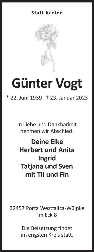 Anzeige von Günter Vogt von Mindener Tageblatt