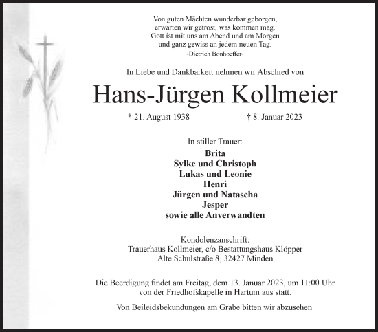 Anzeige von Hans-Jürgen Kollmeier von Mindener Tageblatt