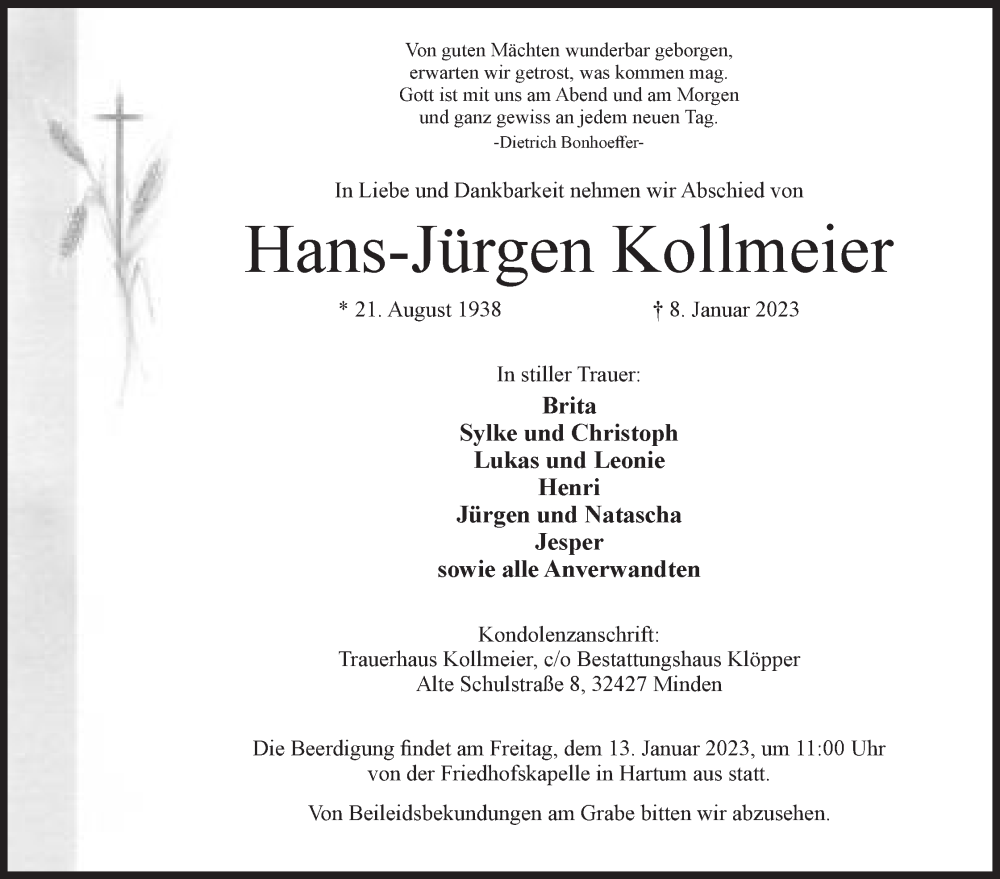  Traueranzeige für Hans-Jürgen Kollmeier vom 11.01.2023 aus Mindener Tageblatt