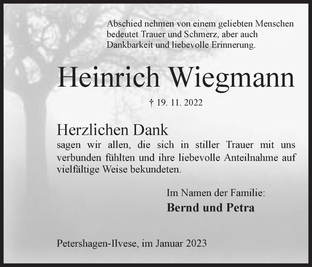  Traueranzeige für Heinrich Wiegmann vom 07.01.2023 aus Mindener Tageblatt