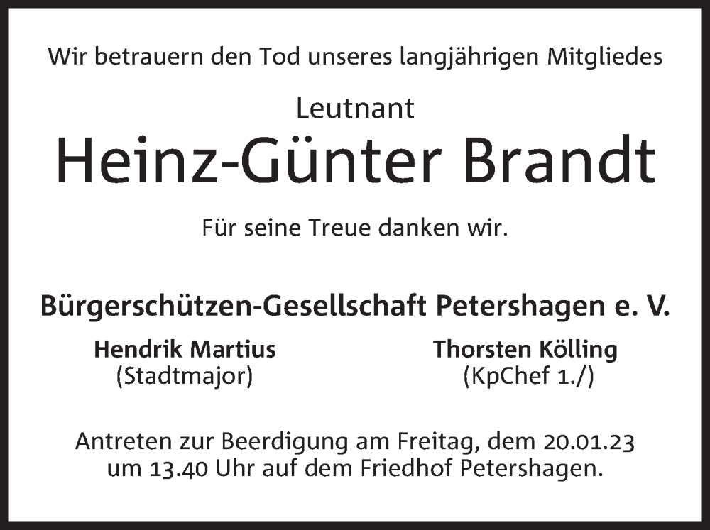  Traueranzeige für Heinz-Günter Brandt vom 18.01.2023 aus Mindener Tageblatt