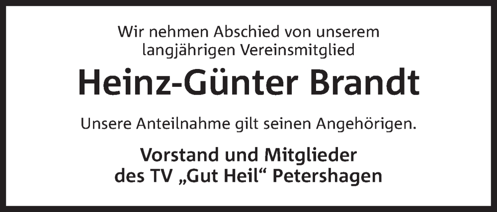  Traueranzeige für Heinz-Günter Brandt vom 19.01.2023 aus Mindener Tageblatt