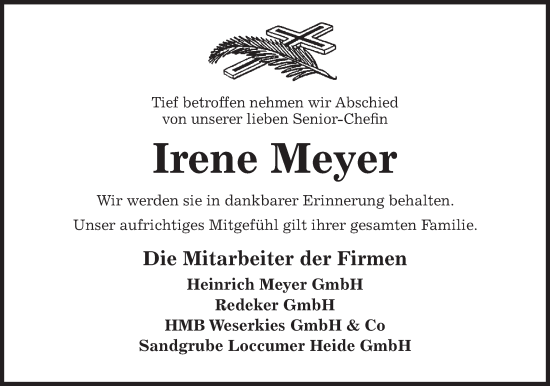 Anzeige von Irene Meyer von Mindener Tageblatt