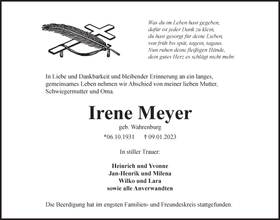 Anzeige von Irene Meyer von Mindener Tageblatt