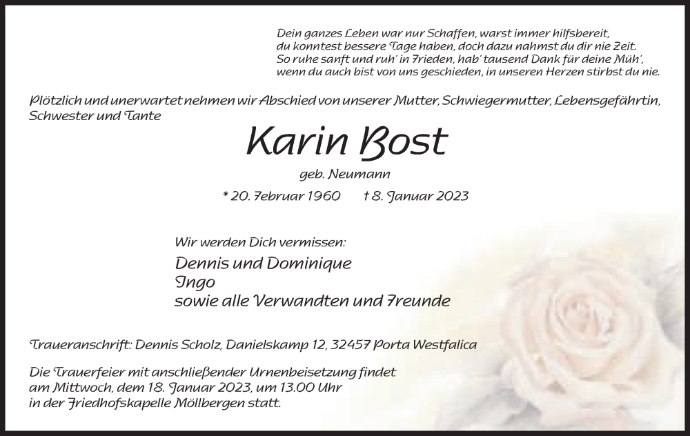 Traueranzeige für Karin Bost vom 14.01.2023 aus Mindener Tageblatt
