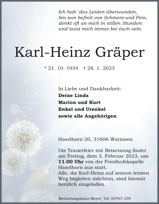 Anzeige von Karl-Heinz Gräper von Mindener Tageblatt