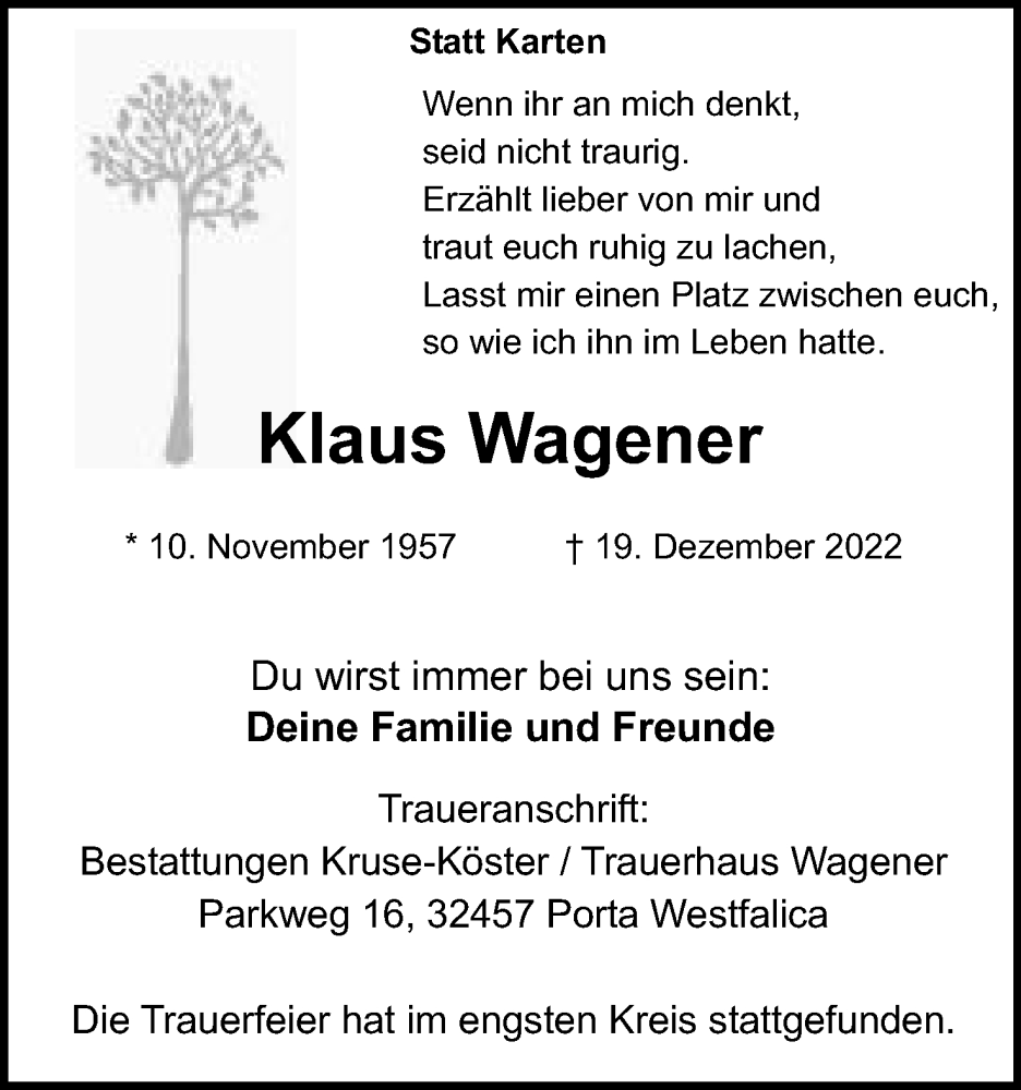  Traueranzeige für Klaus Wagener vom 07.01.2023 aus Mindener Tageblatt