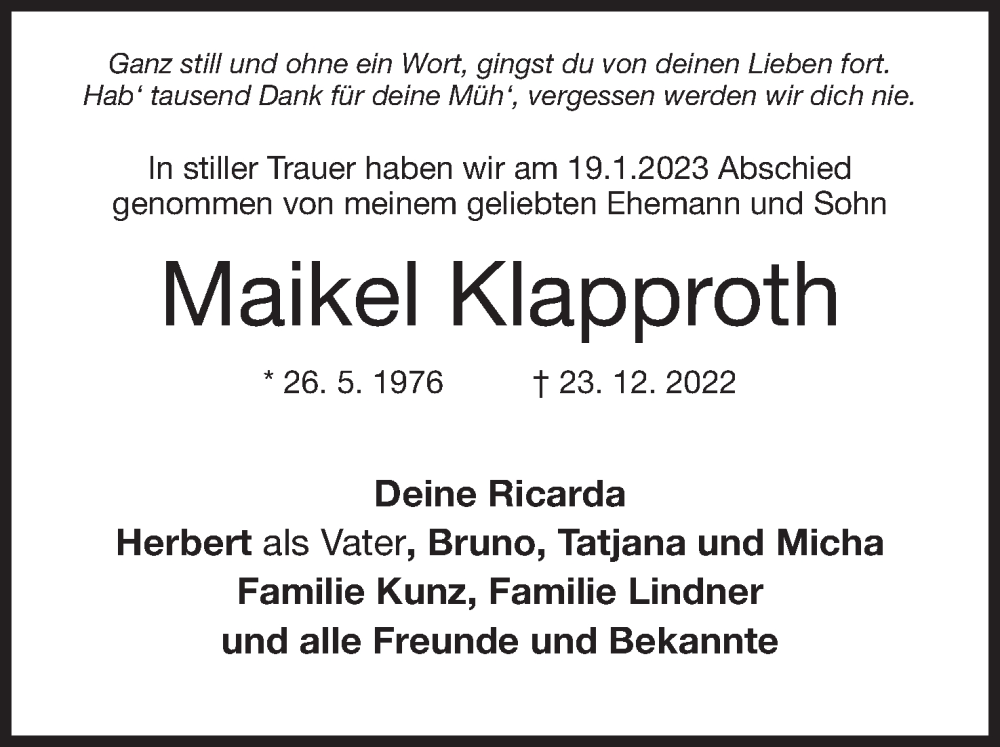  Traueranzeige für Maikel Klapproth vom 21.01.2023 aus Mindener Tageblatt