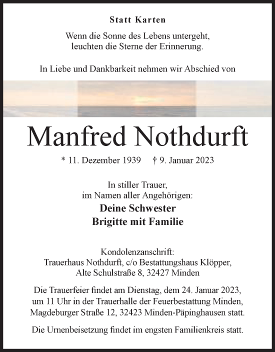 Anzeige von Manfred Nothdurft von Mindener Tageblatt