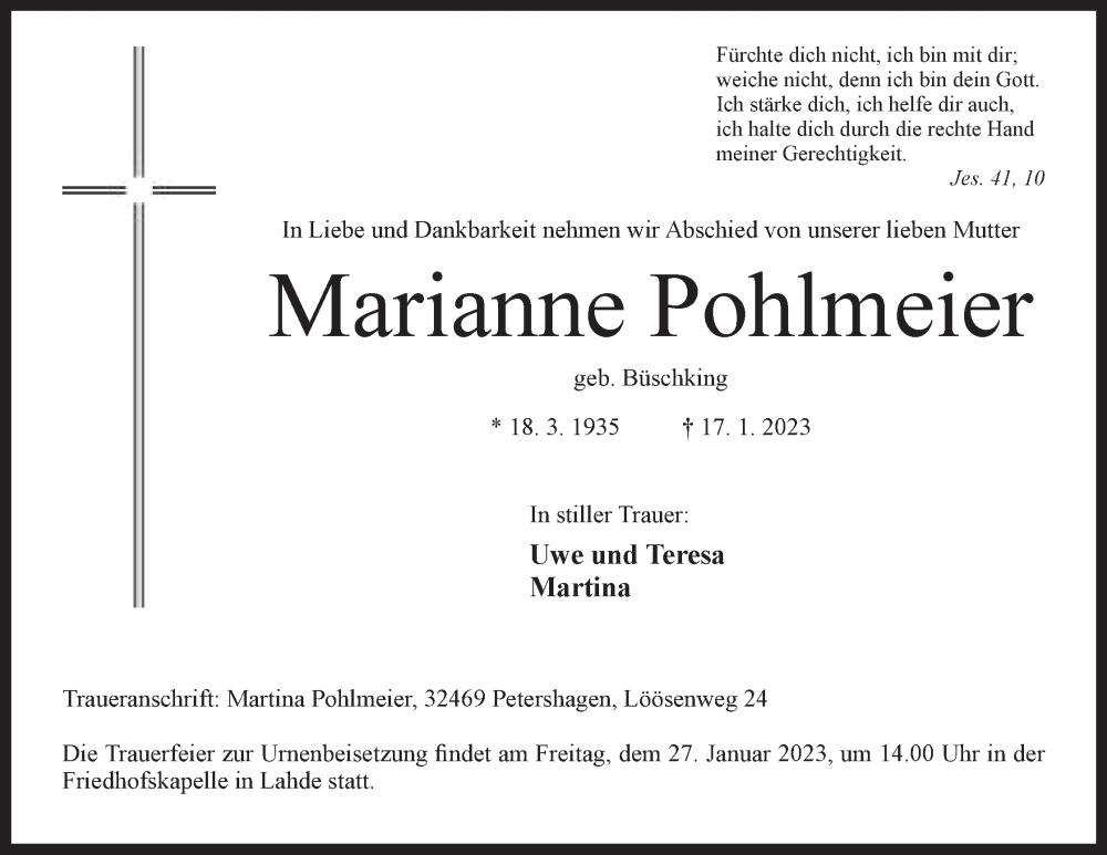  Traueranzeige für Marianne Pohlmeier vom 21.01.2023 aus Mindener Tageblatt