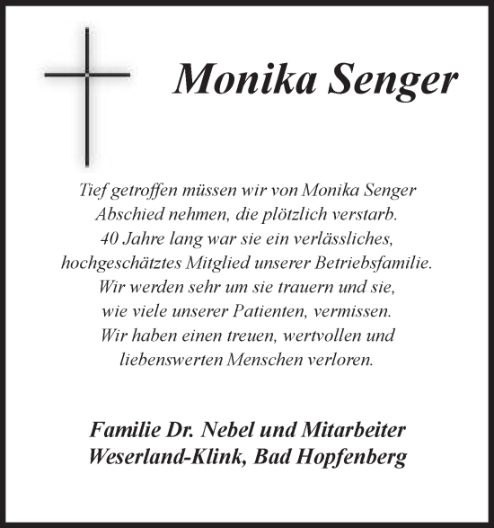 Anzeige von Monika Senger von Mindener Tageblatt