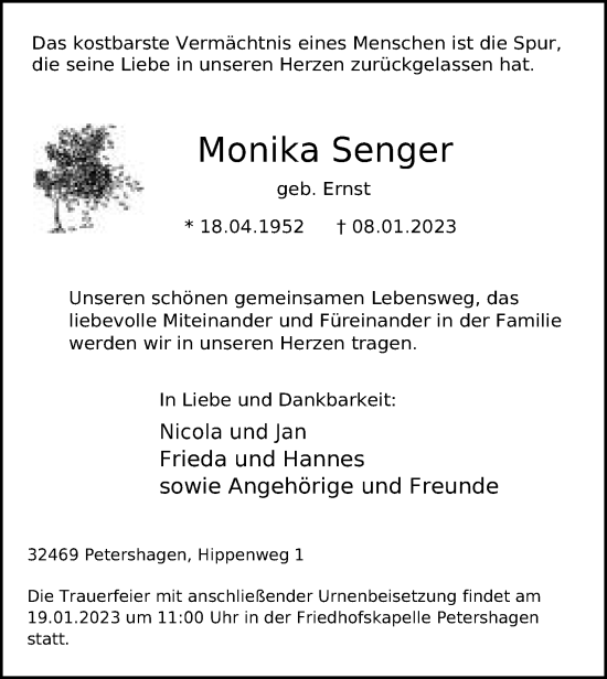 Anzeige von Monika Senger von Mindener Tageblatt