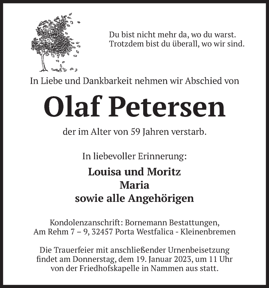  Traueranzeige für Olaf Petersen vom 14.01.2023 aus Mindener Tageblatt