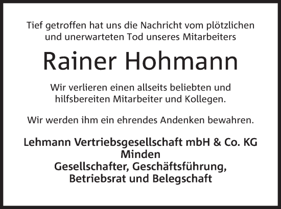 Anzeige von Rainer Hohmann von Mindener Tageblatt