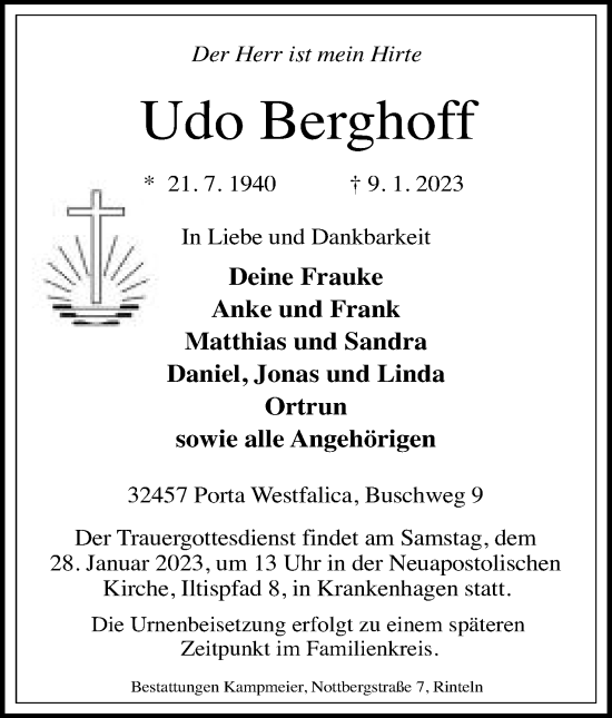 Anzeige von Udo Berghoff von Mindener Tageblatt
