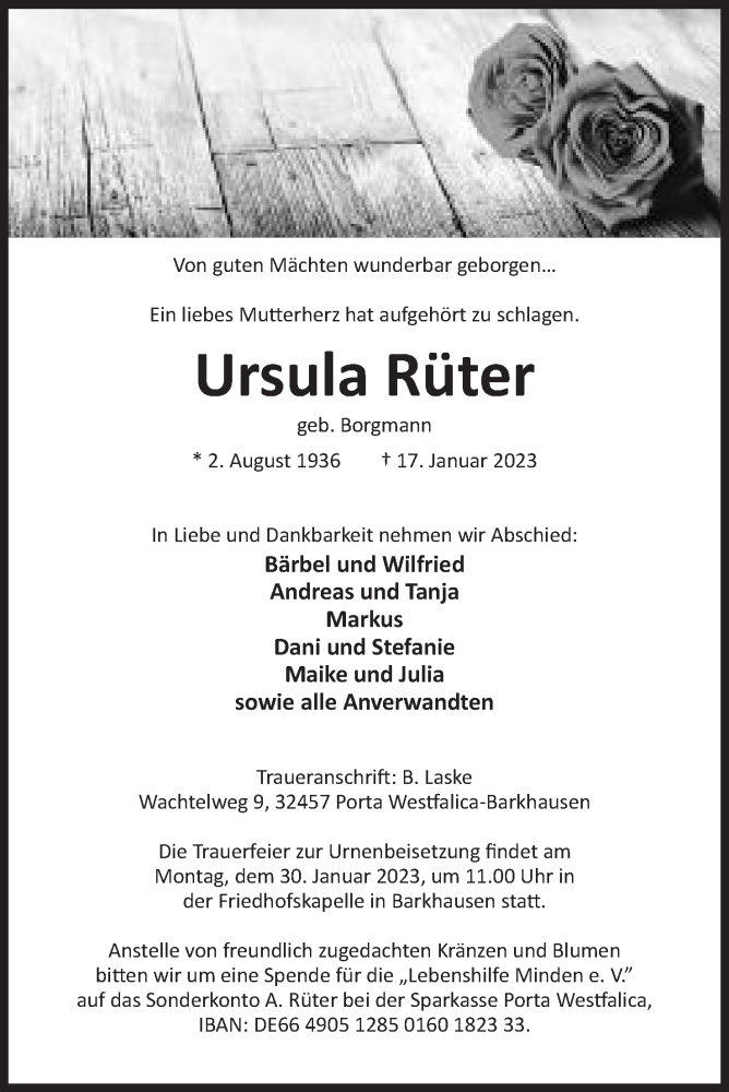 Traueranzeige für Ursula Rüter vom 21.01.2023 aus Mindener Tageblatt