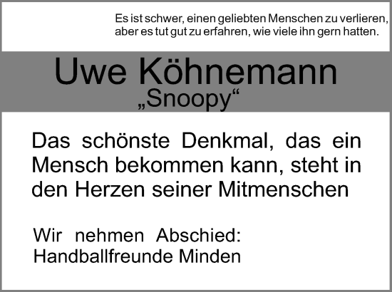Anzeige von Uwe Köhnemann von Mindener Tageblatt