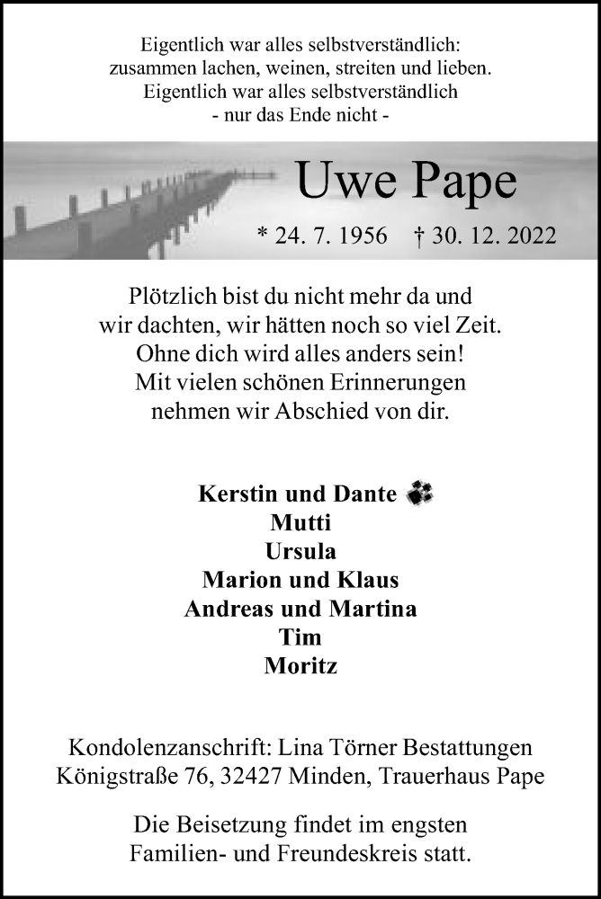  Traueranzeige für Uwe Pape vom 07.01.2023 aus Mindener Tageblatt