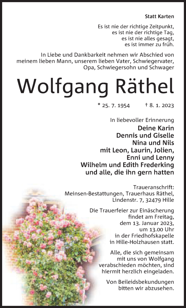  Traueranzeige für Wolfgang Räthel vom 11.01.2023 aus Mindener Tageblatt