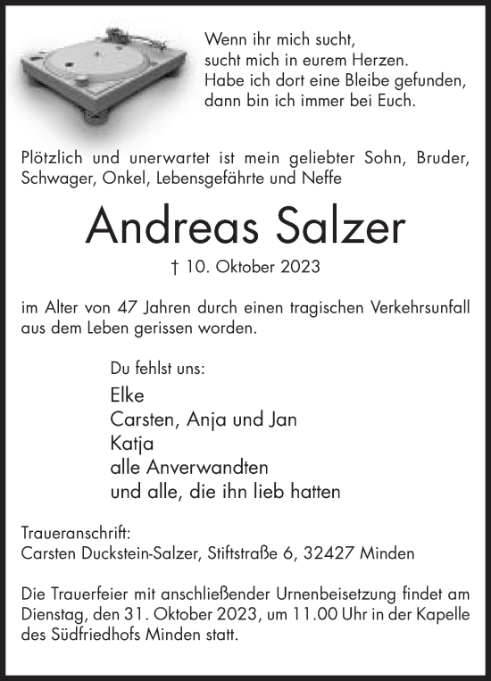 Anzeige von Andreas Salzer von Mindener Tageblatt