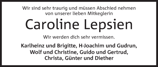 Anzeige von Caroline Lepsien von Mindener Tageblatt