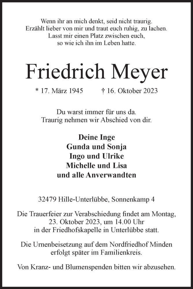  Traueranzeige für Friedrich Meyer vom 21.10.2023 aus Mindener Tageblatt