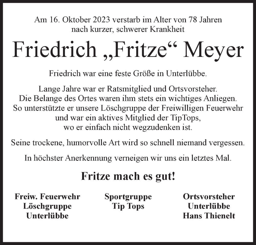  Traueranzeige für Friedrich Meyer vom 21.10.2023 aus Mindener Tageblatt