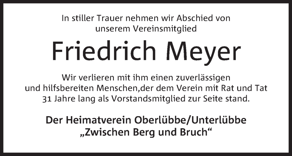  Traueranzeige für Friedrich Meyer vom 21.10.2023 aus Mindener Tageblatt