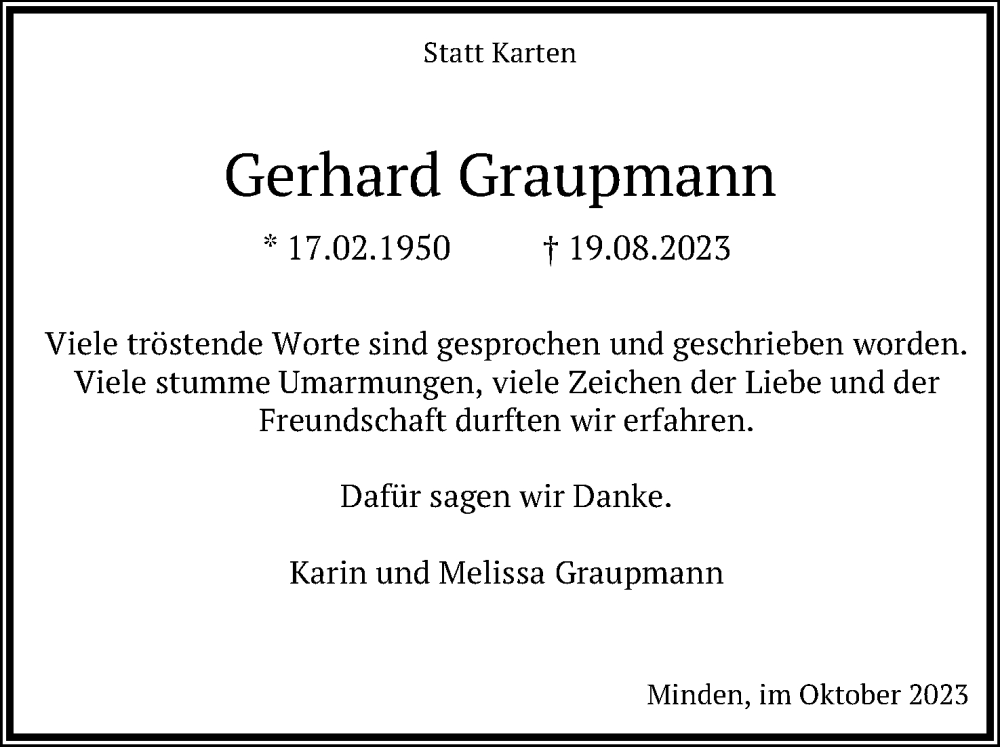  Traueranzeige für Gerhard Graupmann vom 14.10.2023 aus Mindener Tageblatt