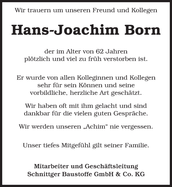 Anzeige von Hans-Joachim Born von Mindener Tageblatt