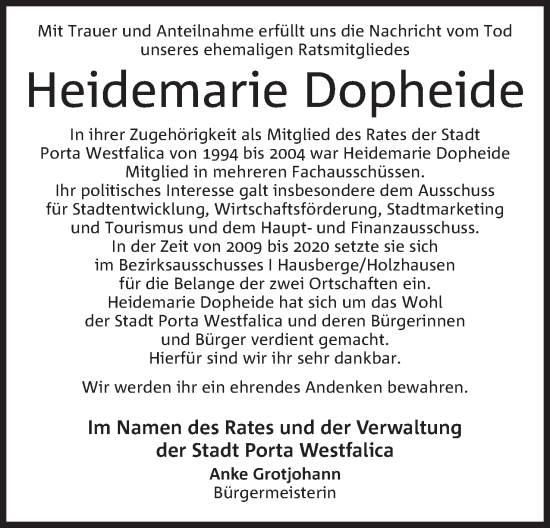 Anzeige von Heidemarie Dopheide von Mindener Tageblatt