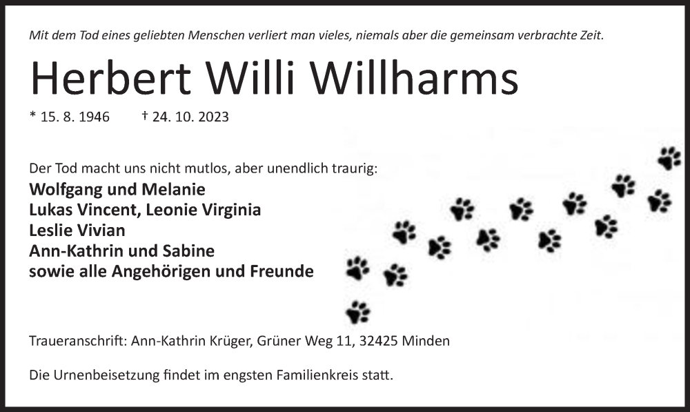  Traueranzeige für Herbert Willi Willharms vom 28.10.2023 aus Mindener Tageblatt