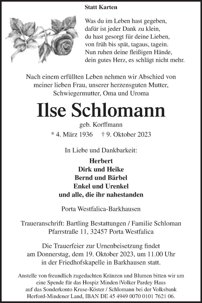  Traueranzeige für Ilse Schlomann vom 14.10.2023 aus Mindener Tageblatt