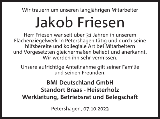 Anzeige von Jakob Friesen von Mindener Tageblatt