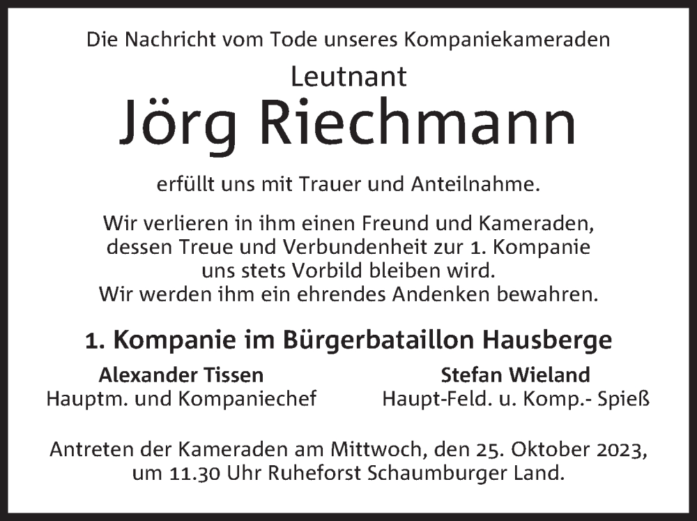  Traueranzeige für Jörg Riechmann vom 21.10.2023 aus Mindener Tageblatt