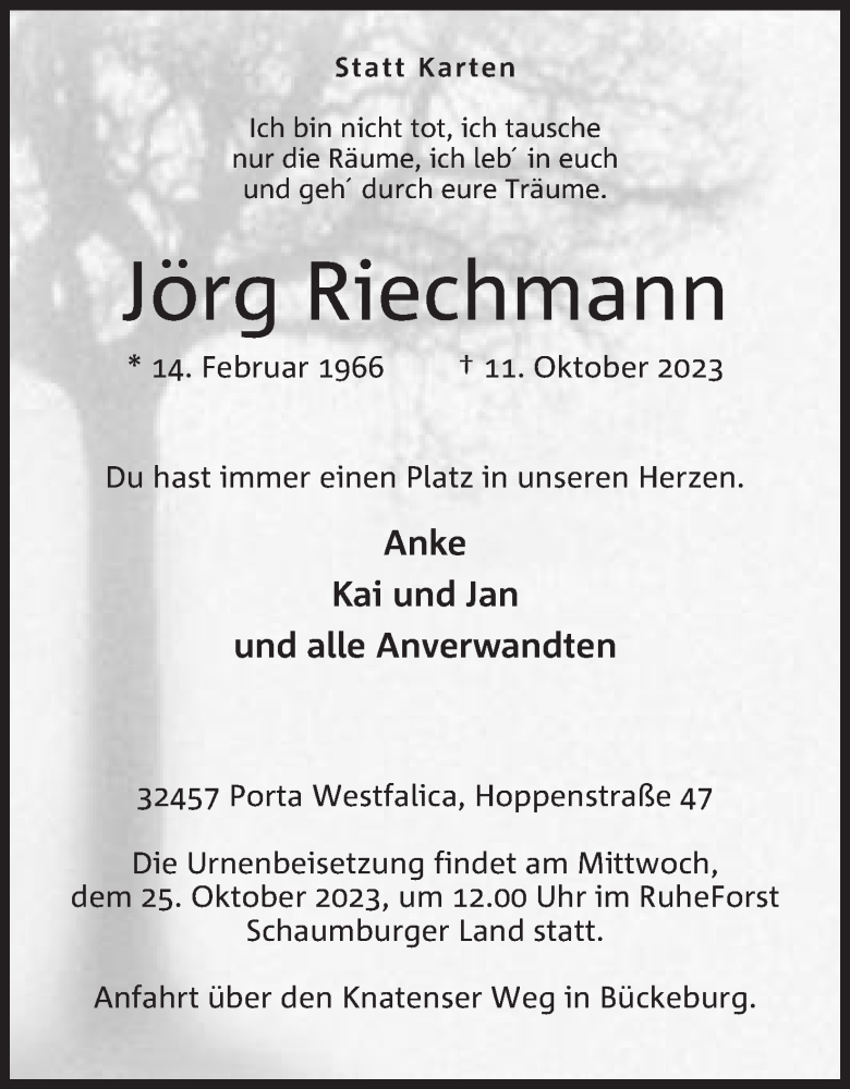  Traueranzeige für Jörg Riechmann vom 21.10.2023 aus Mindener Tageblatt