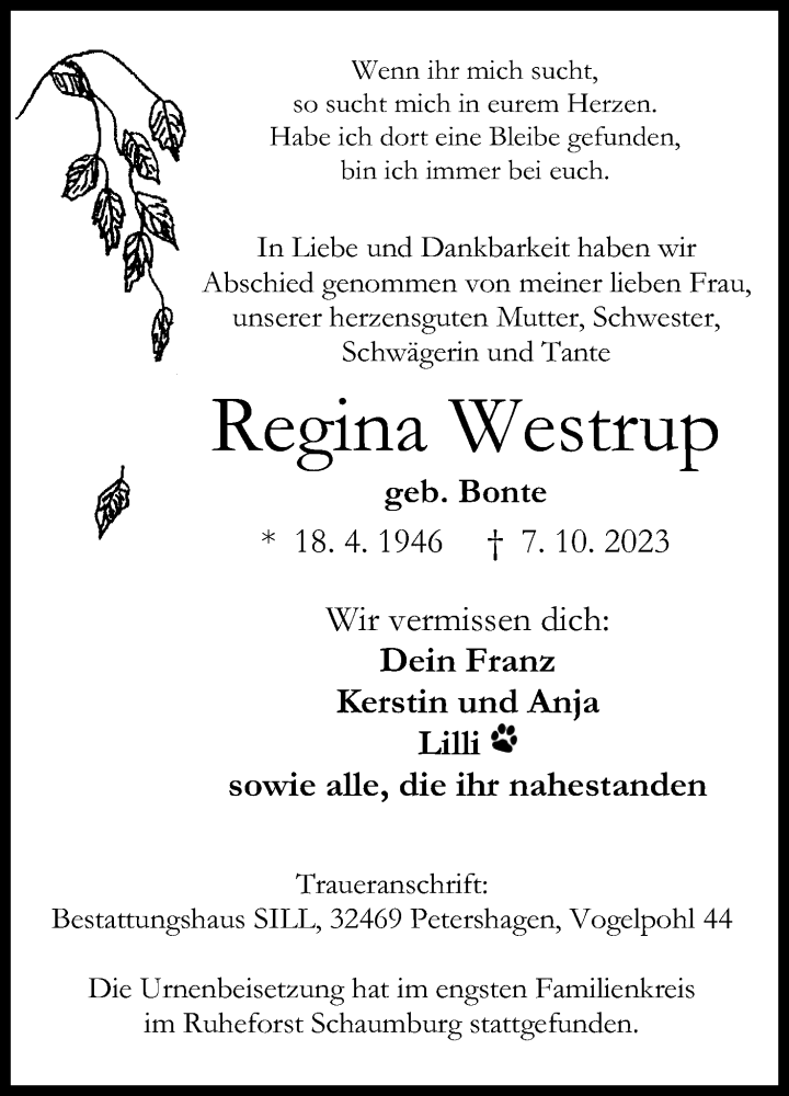  Traueranzeige für Regina Westrup vom 21.10.2023 aus Mindener Tageblatt