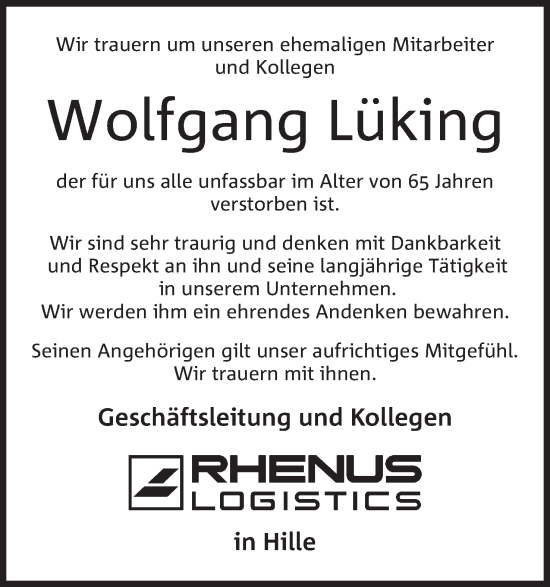 Anzeige von Wolfgang Lüking von Mindener Tageblatt