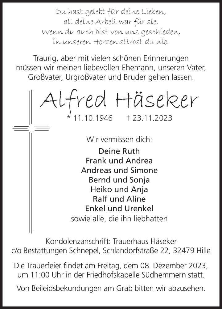  Traueranzeige für Alfred Häseker vom 25.11.2023 aus Mindener Tageblatt