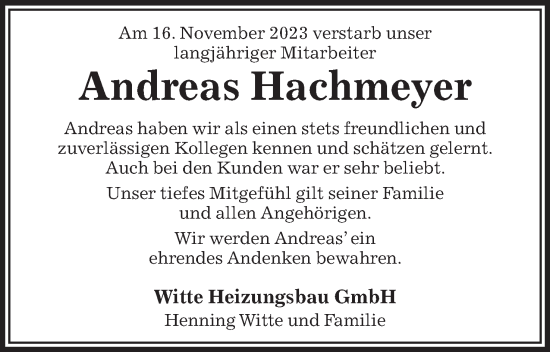 Anzeige von Andreas Hachmeyer von Mindener Tageblatt