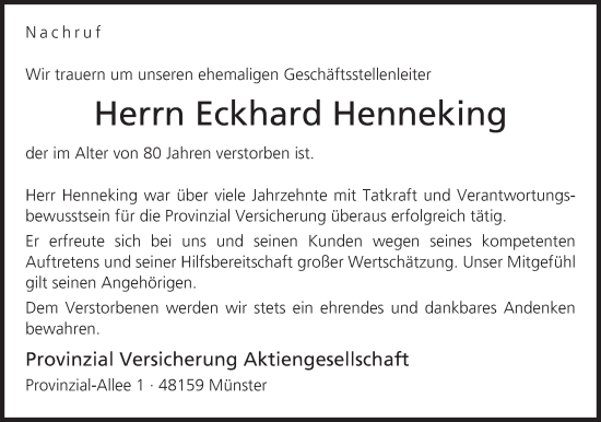 Anzeige von Eckhard Henneking von Mindener Tageblatt