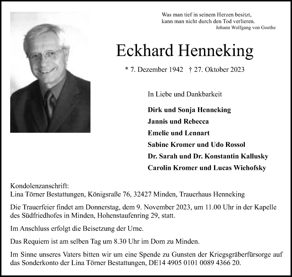  Traueranzeige für Eckhard Henneking vom 04.11.2023 aus Mindener Tageblatt