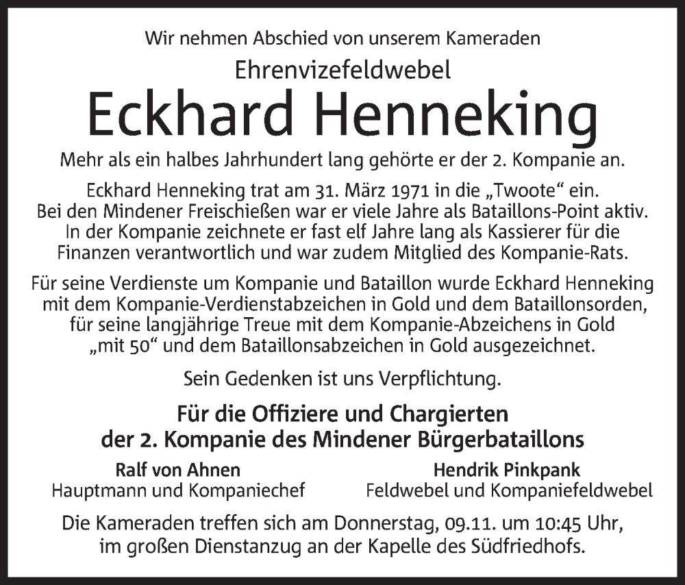  Traueranzeige für Eckhard Henneking vom 04.11.2023 aus Mindener Tageblatt