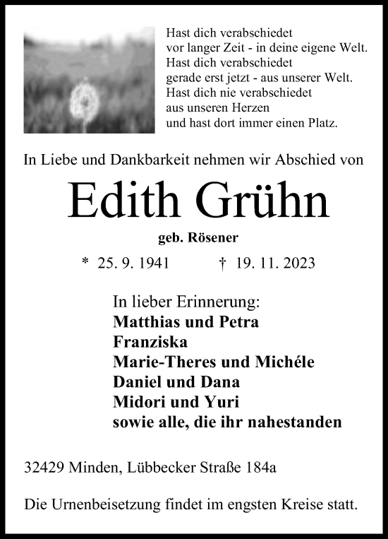 Anzeige von Edith Grühn von Mindener Tageblatt