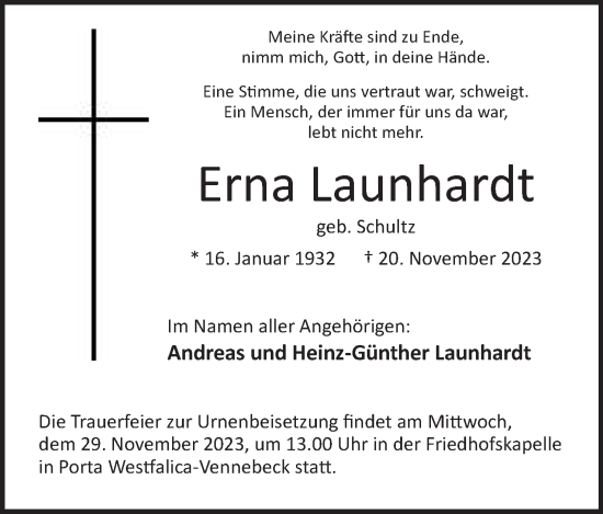 Anzeige von Erna Launhardt von Mindener Tageblatt