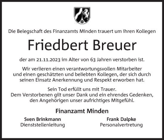 Anzeige von Friedbert Breuer von Mindener Tageblatt