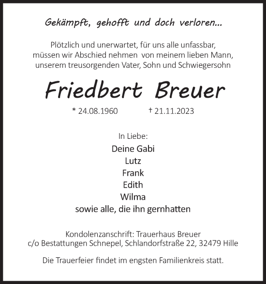 Anzeige von Friedbert Breuer von Mindener Tageblatt