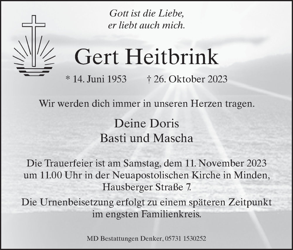  Traueranzeige für Gert Heitbrink vom 04.11.2023 aus Mindener Tageblatt