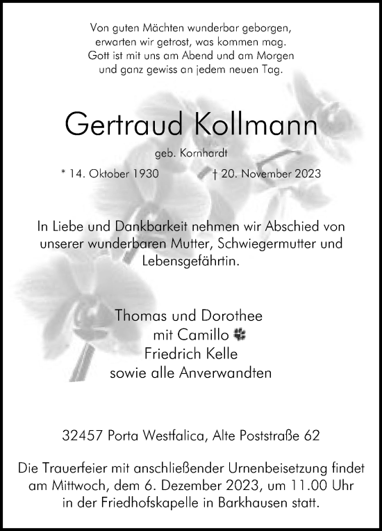 Anzeige von Gertraud Kollmann von Mindener Tageblatt