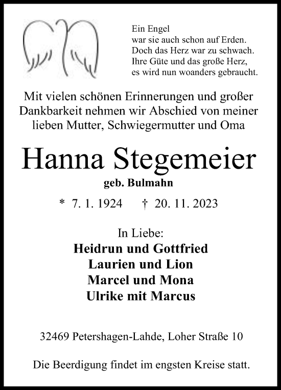 Anzeige von Hanna Stegemeier von Mindener Tageblatt